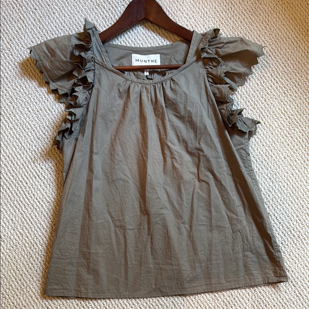 Olive Green Flutter Sleeve Ruffled Blouse